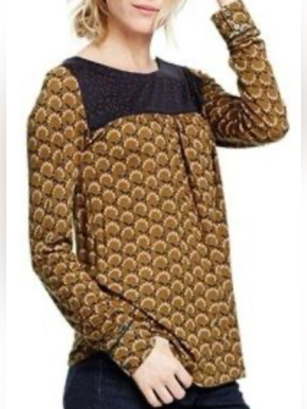 Boden Brown Fall Leaf Printed Blouse with Navy Accents.